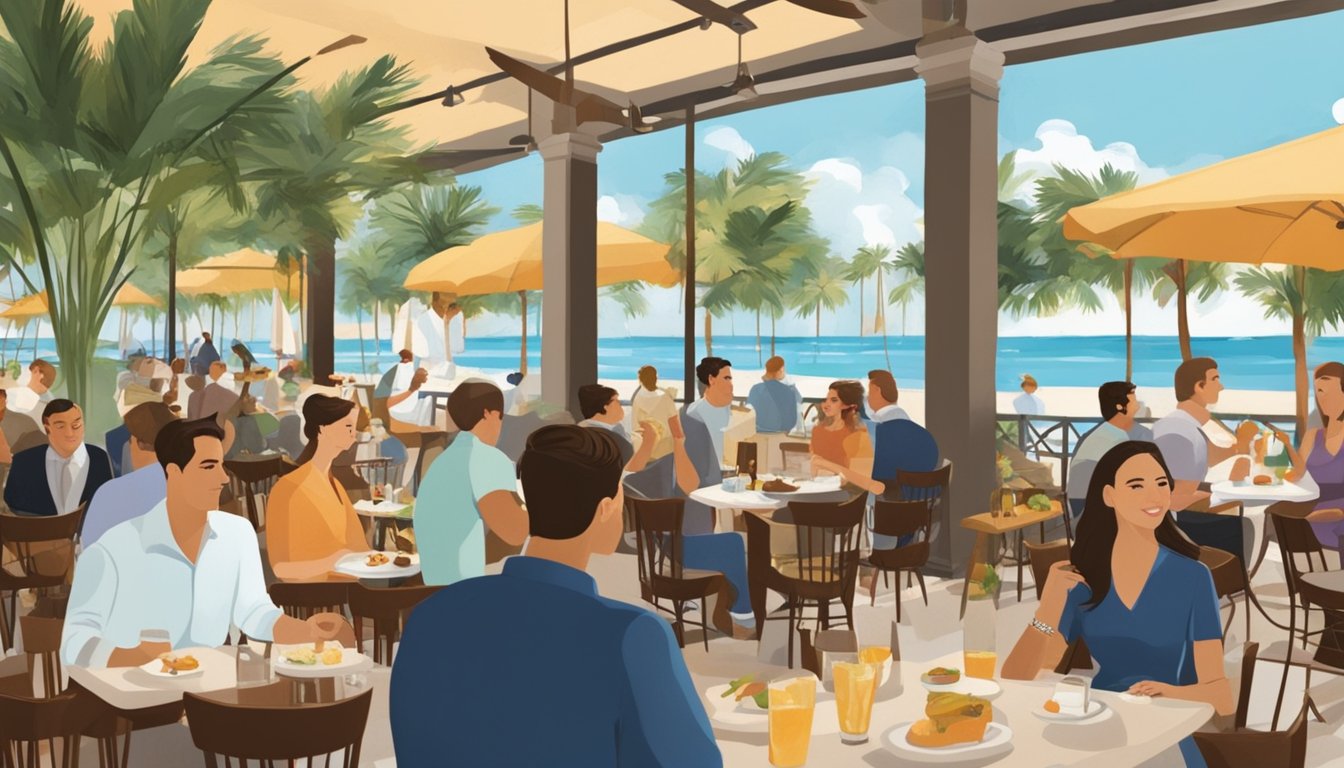 A bustling restaurant scene at Palm Beach, with diners enjoying meals and servers attending to customers' needs. The ambiance is lively and inviting, with a mix of indoor and outdoor seating options