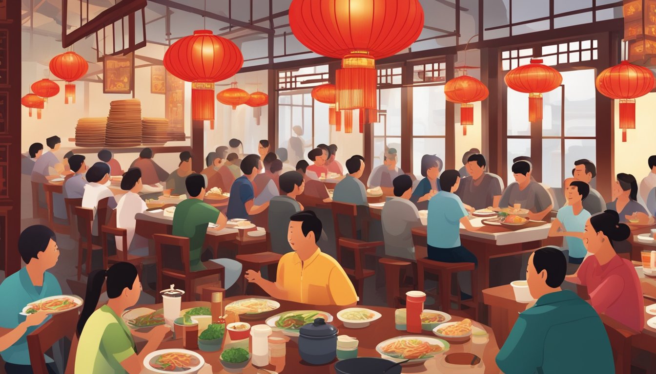 A bustling Chinese restaurant with red lanterns, round tables, and steaming bowls of noodles. Customers chat and laugh, while the aroma of sizzling stir-fry fills the air