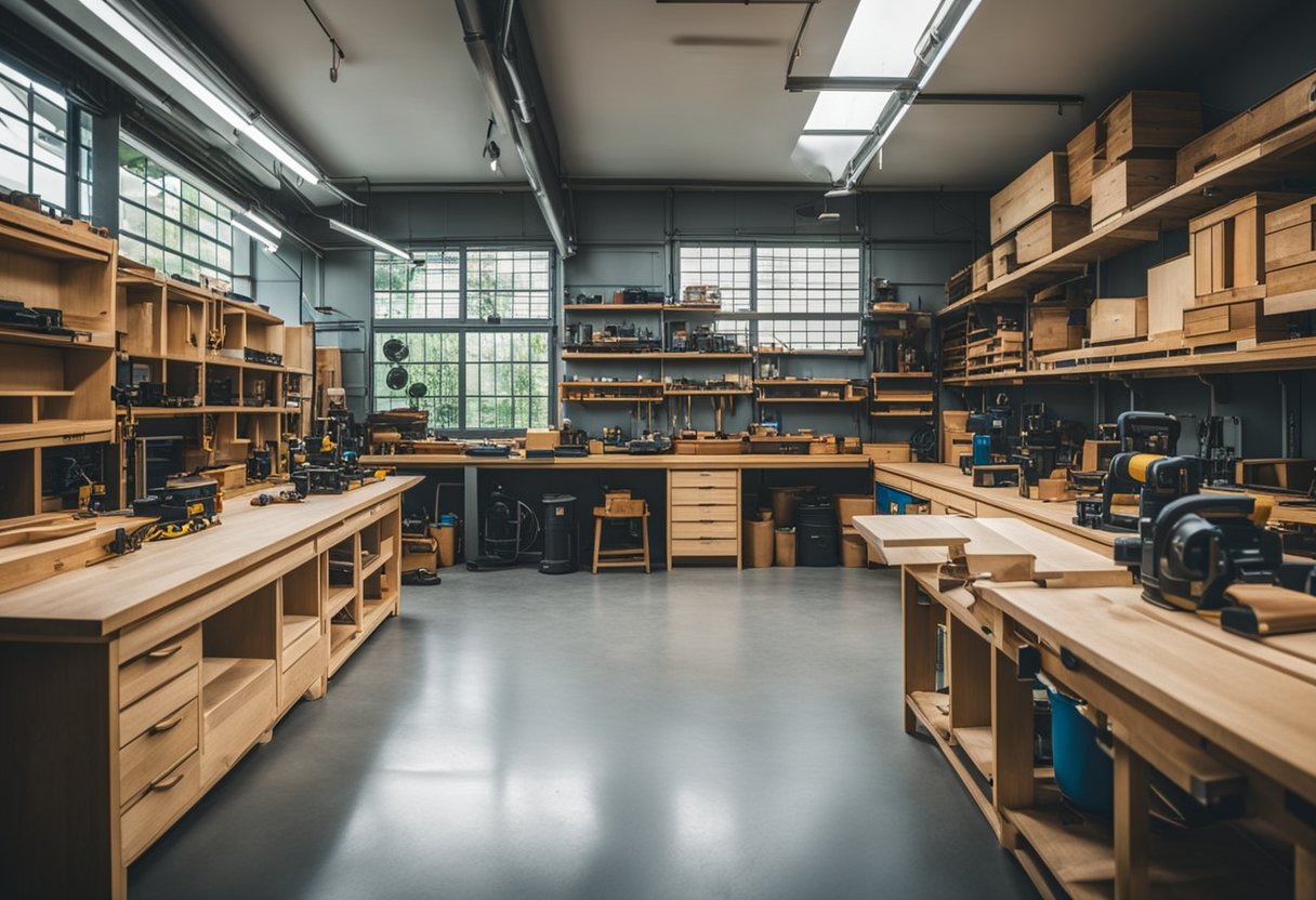 A spacious, well-lit carpentry workshop in Singapore, equipped with a variety of tools and machinery, available for rent