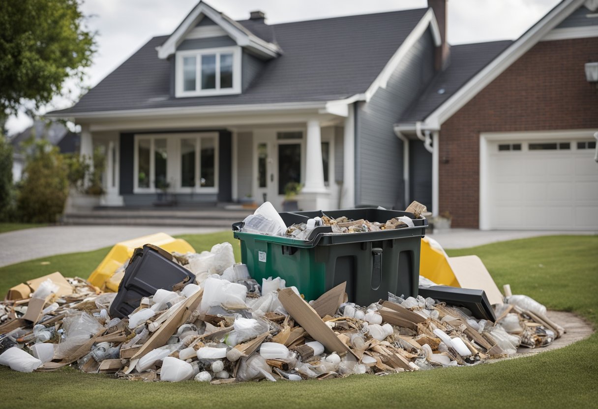 A pile of renovation waste sits in front of a house. A sign points to a designated disposal area