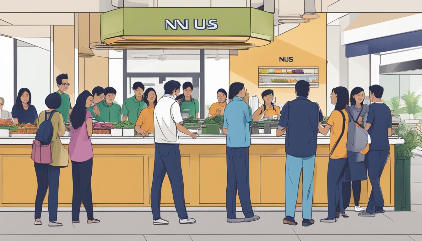 Customers lining up at the entrance of the NUS restaurant, while staff members serve food and answer questions at the counter