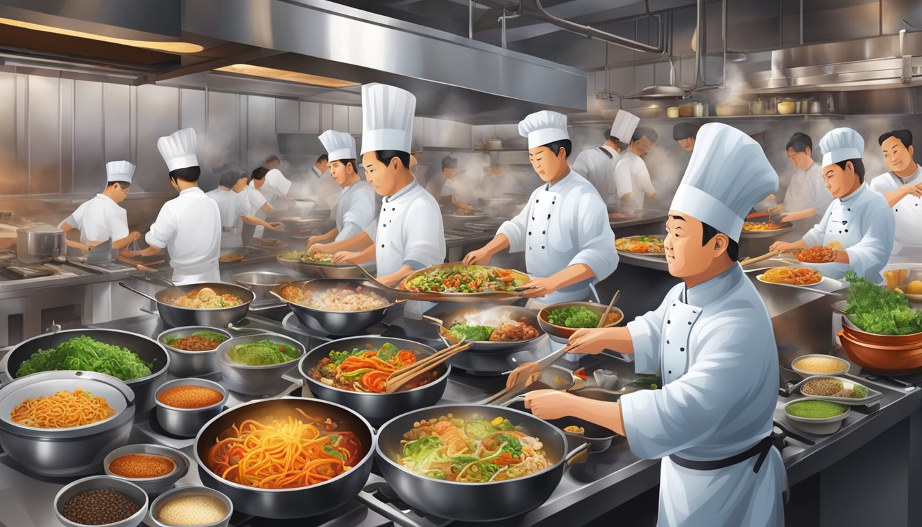A bustling restaurant kitchen with sizzling woks, fragrant spices, and colorful ingredients, surrounded by chefs hurriedly preparing traditional Chinese dishes