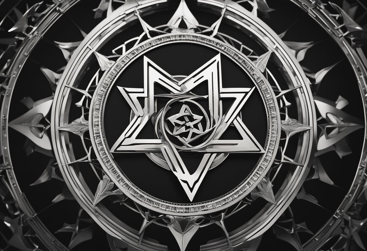 A pentagram symbol emerges from a swirling vortex, radiating energy and influence, surrounded by historical and modern design elements