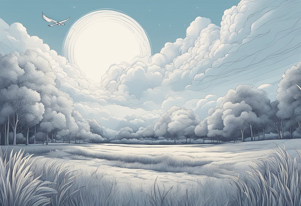 A serene, open sky with gentle breezes, surrounded by wispy clouds and floating feathers