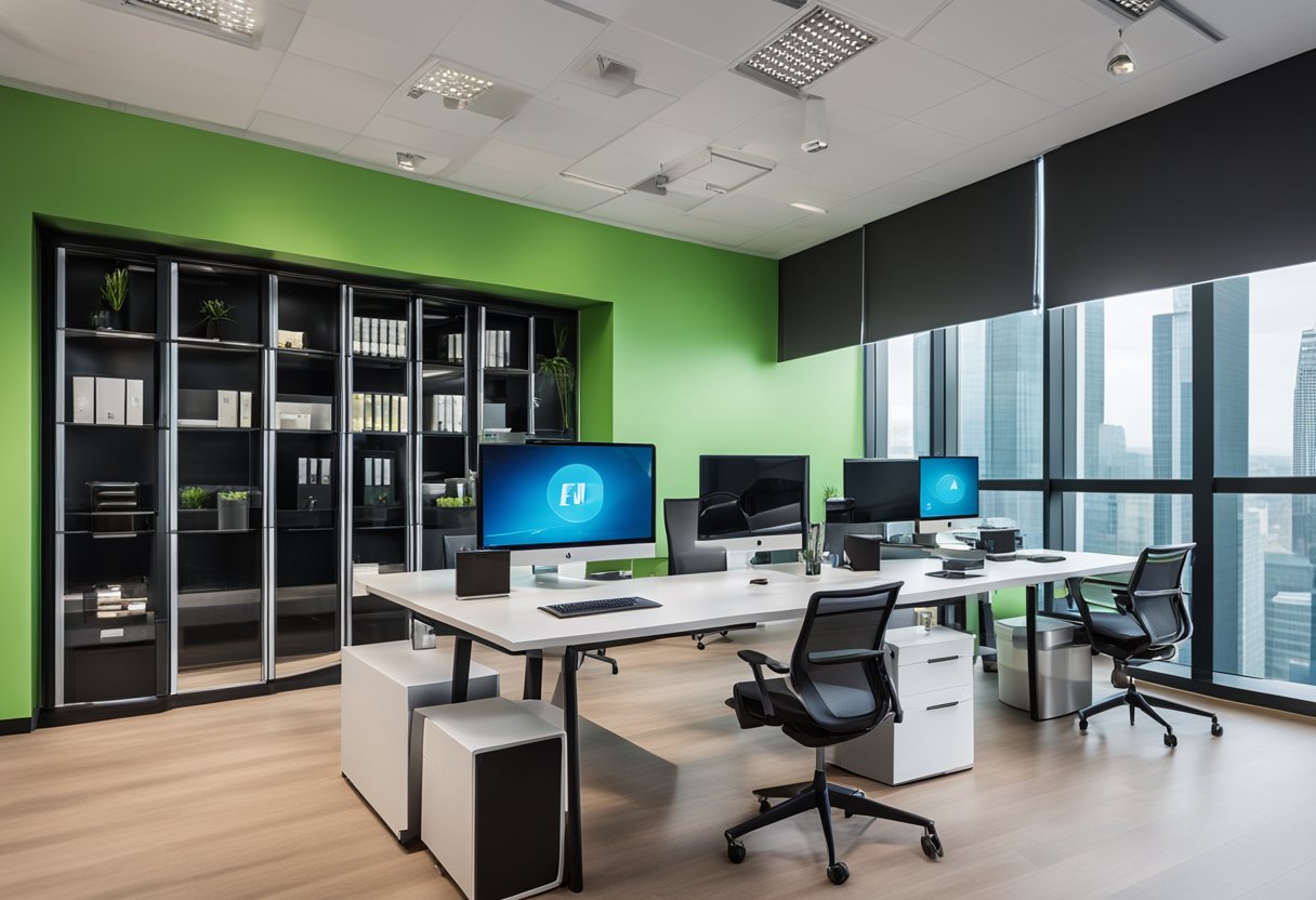 A modern office space with sleek furniture, high-tech equipment, and a vibrant color scheme. The walls are adorned with innovative design concepts and the atmosphere exudes creativity and professionalism