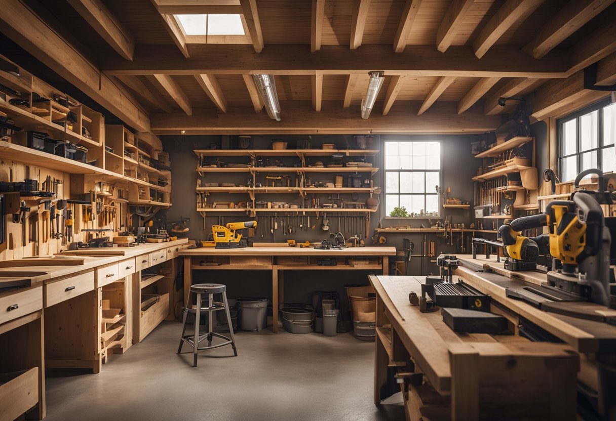A well-lit carpentry workshop with organized tool racks, workbenches, and sawdust-covered floors. Various power tools and hand tools are neatly arranged and ready for use