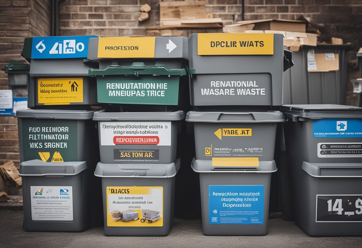 A pile of renovation waste sits next to labeled bins for recycling and disposal. Signs indicate where to place different types of materials