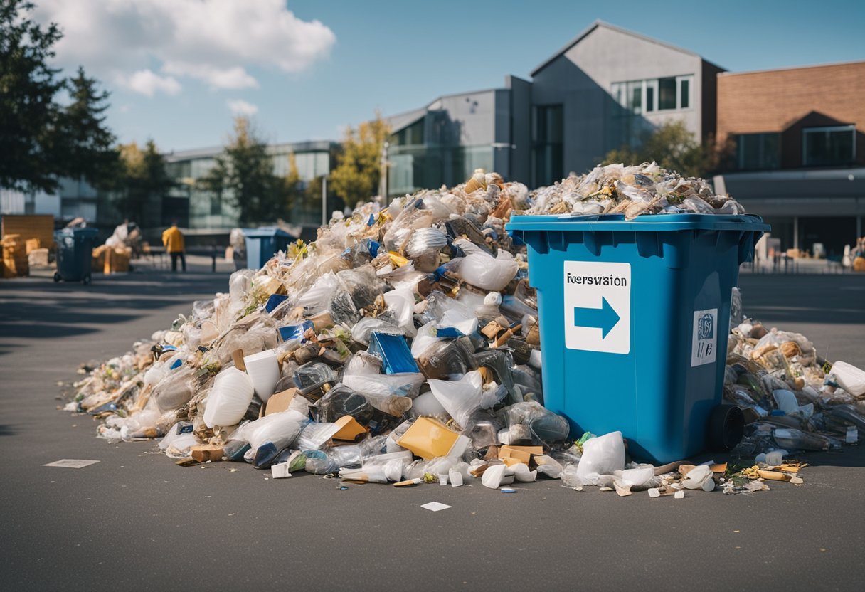 Renovation waste piled near labeled disposal bins. People reading FAQs on nearby signs