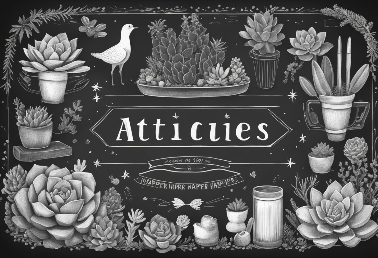 A chalkboard with trendy baby names like "Atticus" and "Harper" surrounded by vintage baby items and succulents