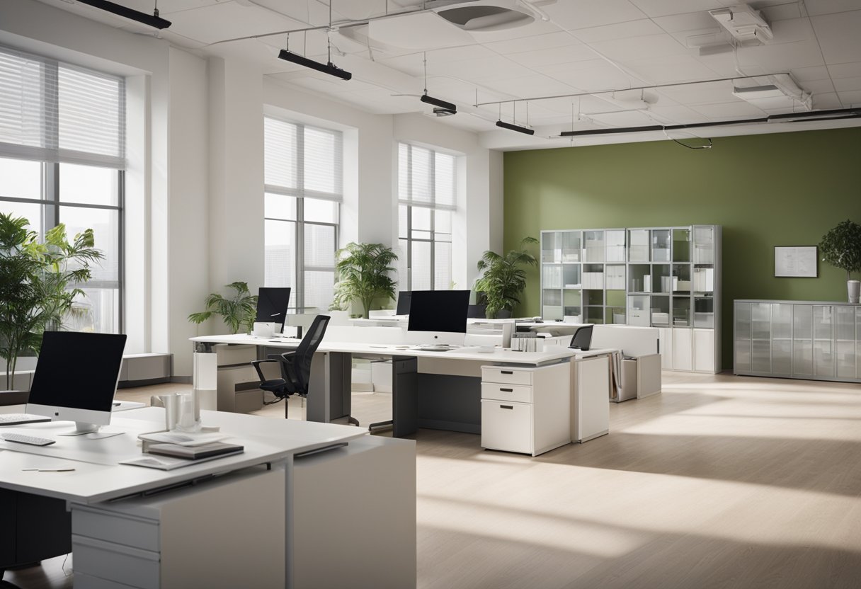 The office interior is being renovated with fresh paint, new furniture, and modern fixtures. The walls are a neutral color, and there are large windows letting in natural light