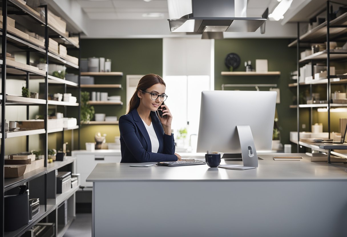 A kitchen renovation specialist answers questions in a modern, well-lit office. A computer and phone are on the desk, and brochures and samples are neatly organized on shelves