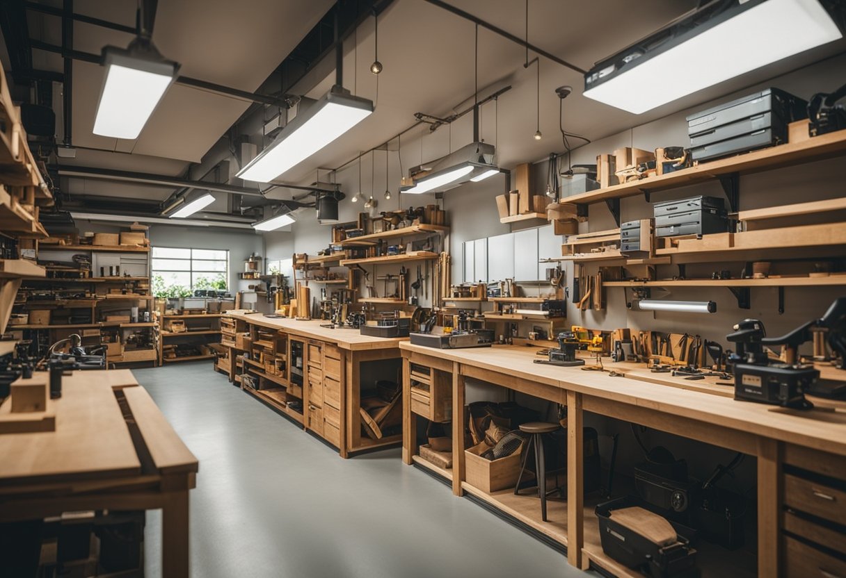 A spacious, well-lit carpentry workshop in Singapore, with various tools and equipment neatly organized on the walls and workbenches