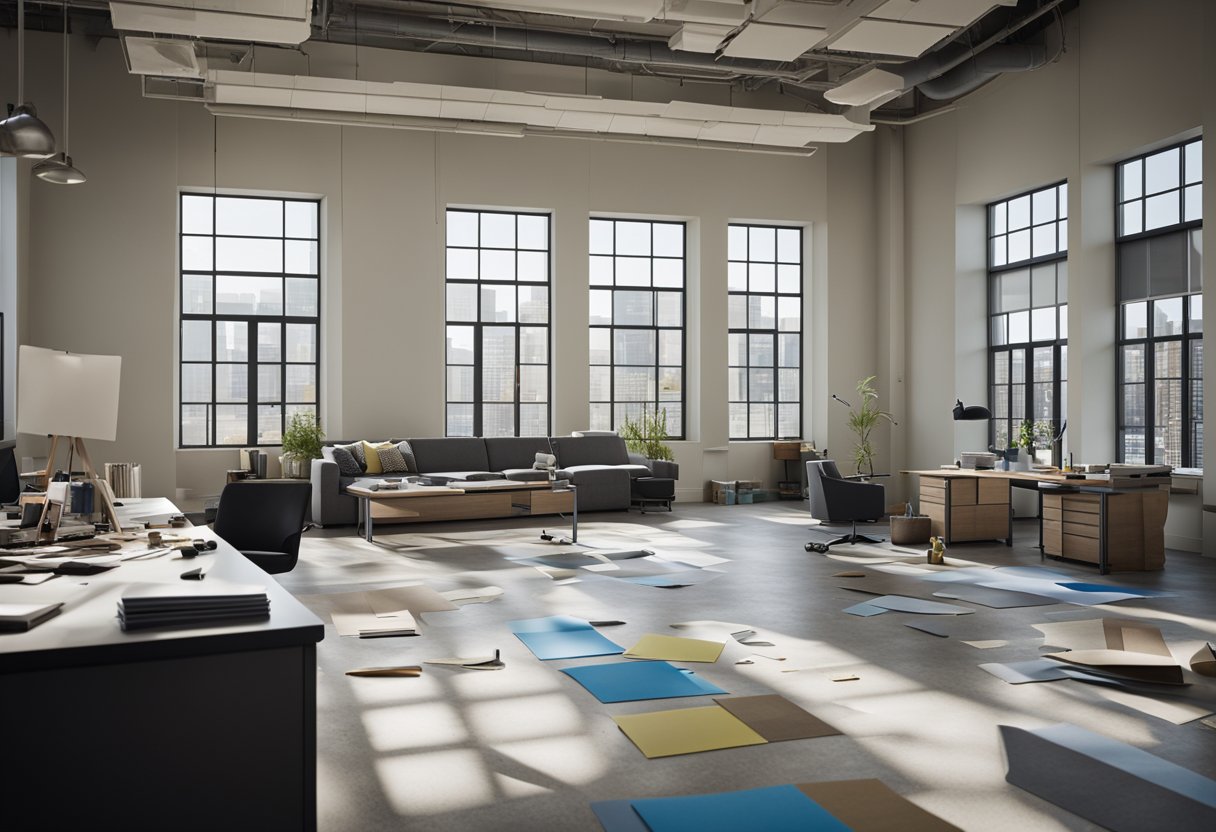 An empty office space with blueprints, measuring tools, paint swatches, and furniture samples scattered across the floor. A large window lets in natural light, highlighting the potential for a modern and sleek renovation