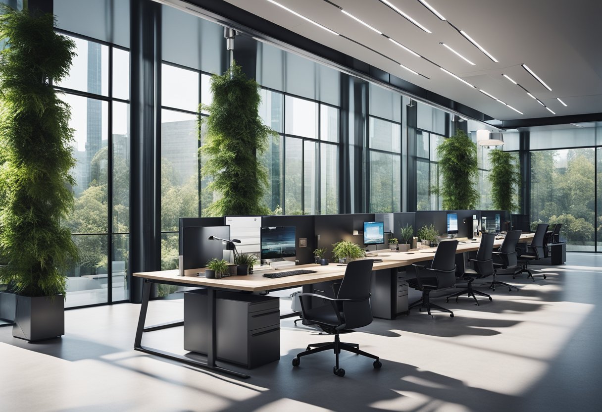 Modern open-concept office with sleek glass walls, collaborative workstations, and vibrant greenery. High-tech gadgets and minimalist decor create a futuristic atmosphere
