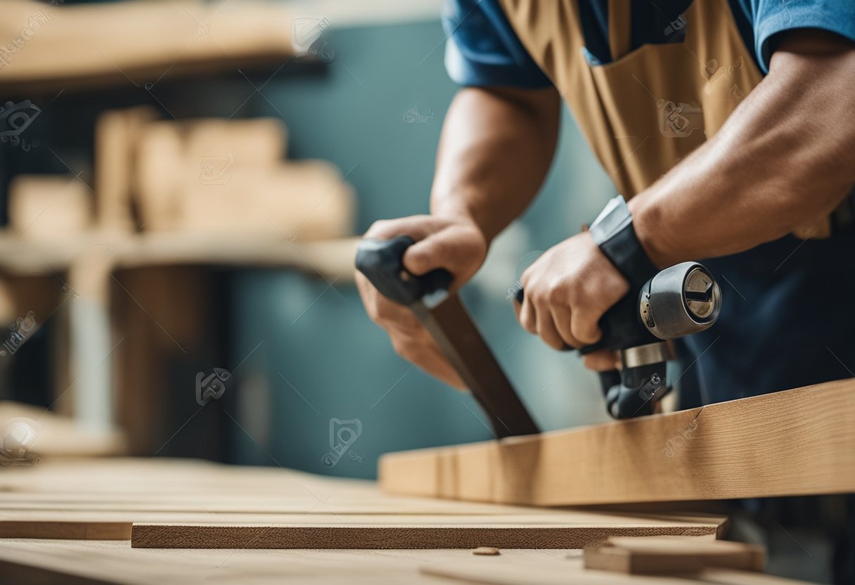 A carpenter in Singapore is skillfully crafting a beautiful wooden door