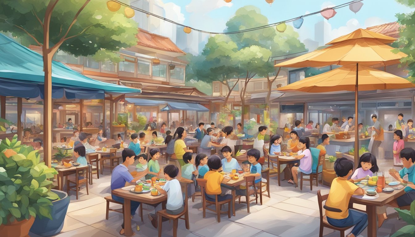 A bustling restaurant in Singapore with a colorful playground filled with children playing and laughing, while families enjoy their meals nearby