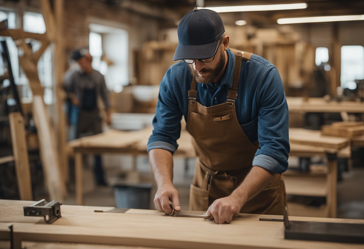A carpenter carefully measures and cuts wood for a custom door frame in a workshop filled with various tools and materials