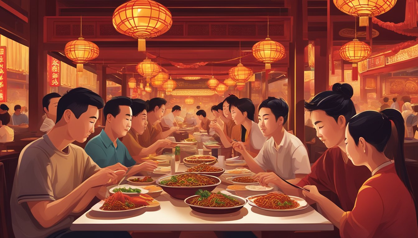 Diners savoring spicy Sichuan dishes in a bustling Chinatown restaurant, surrounded by vibrant red and gold decor, with steaming plates of food on the tables