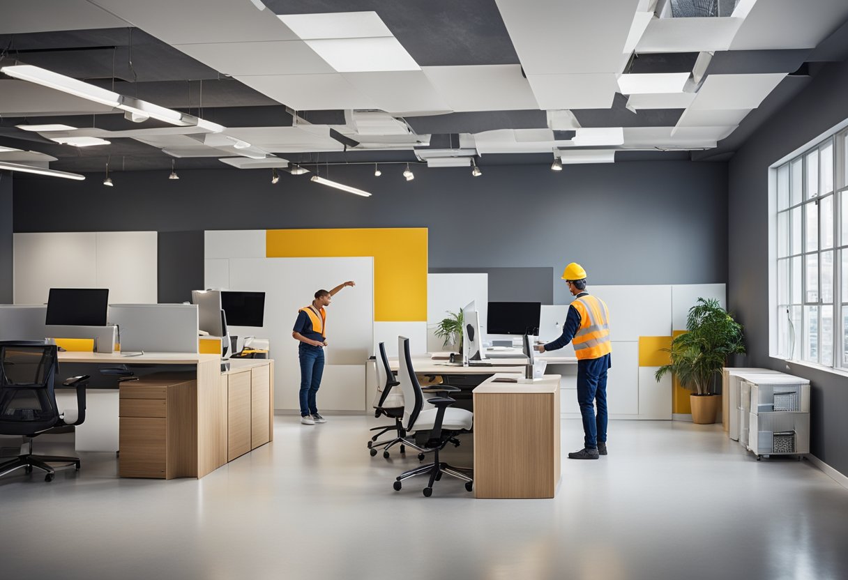The office interior is being renovated with workers painting walls and installing new fixtures. The space is bright and modern, with a clean and organized layout