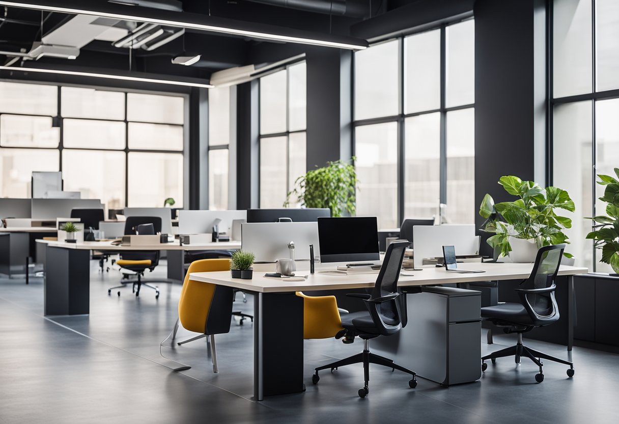 A modern, open-concept office space with sleek, minimalist furniture, vibrant accent colors, and innovative technology integrated seamlessly throughout