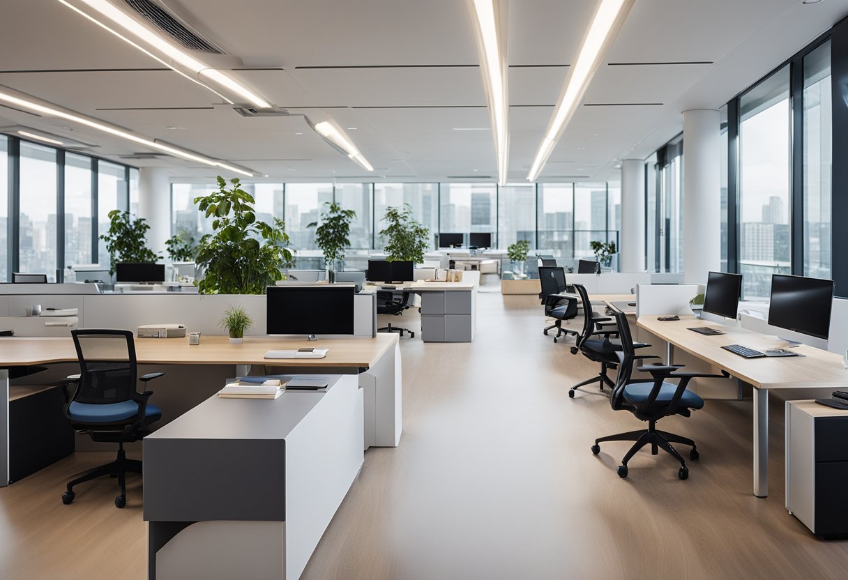 An open-plan office with modern furniture, large windows, and collaborative workspaces. A mix of natural and artificial light illuminates the space