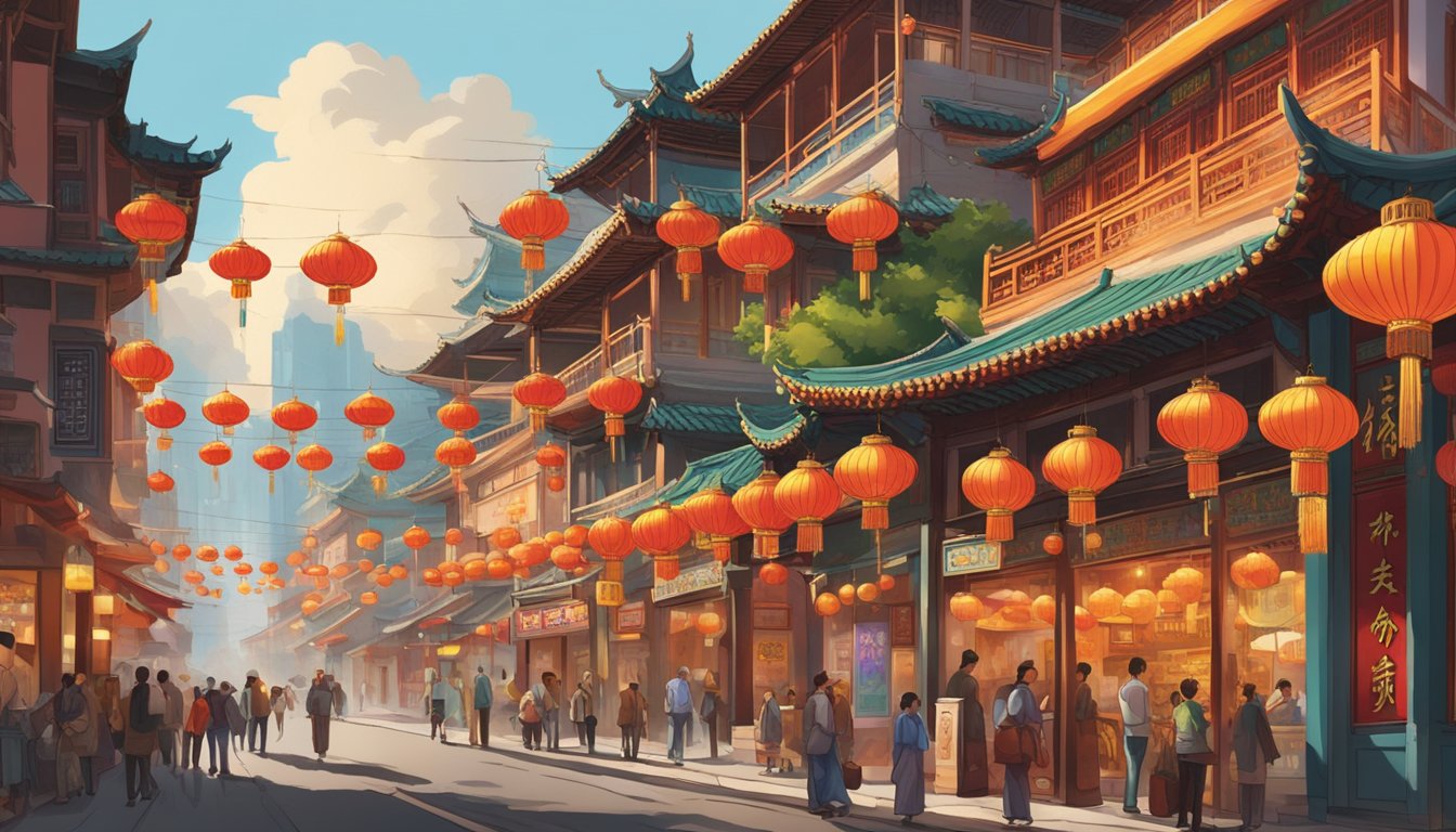 The bustling streets of Chinatown are filled with the aroma of spicy Sichuan cuisine. Brightly colored lanterns sway in the breeze, while traditional Chinese architecture and intricate signage adorn the storefronts