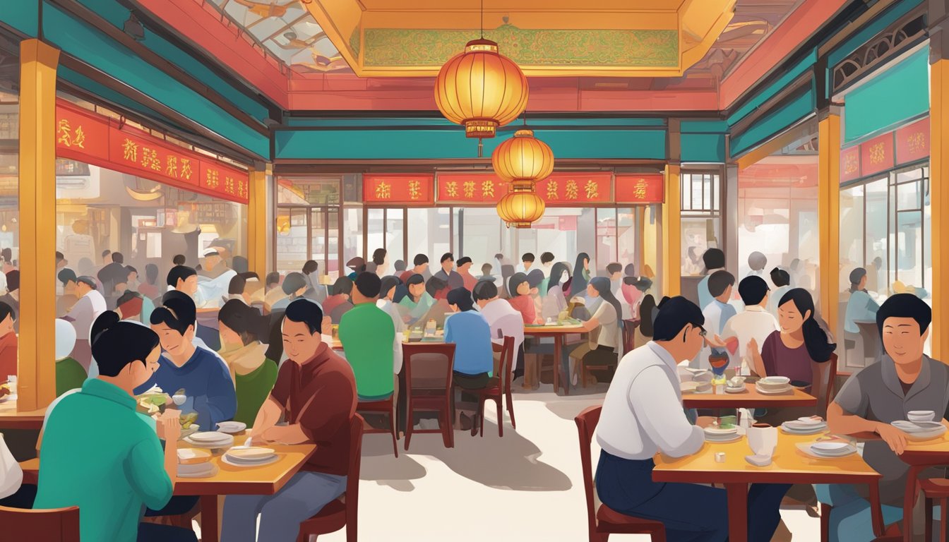 A bustling Sichuan restaurant in Chinatown, with colorful decor, steaming plates of food, and a line of customers waiting to be seated