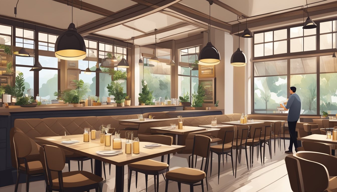 A cozy restaurant with modern decor, filled with natural light. Tables are neatly set with cutlery and menus. The open kitchen allows guests to watch chefs at work