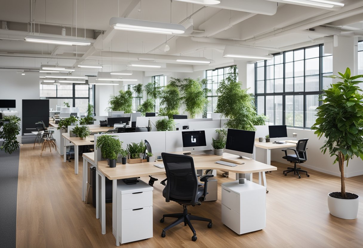 Modern office with open floor plan, collaborative workspaces, and natural light. Standing desks, comfortable seating, and greenery create a welcoming environment