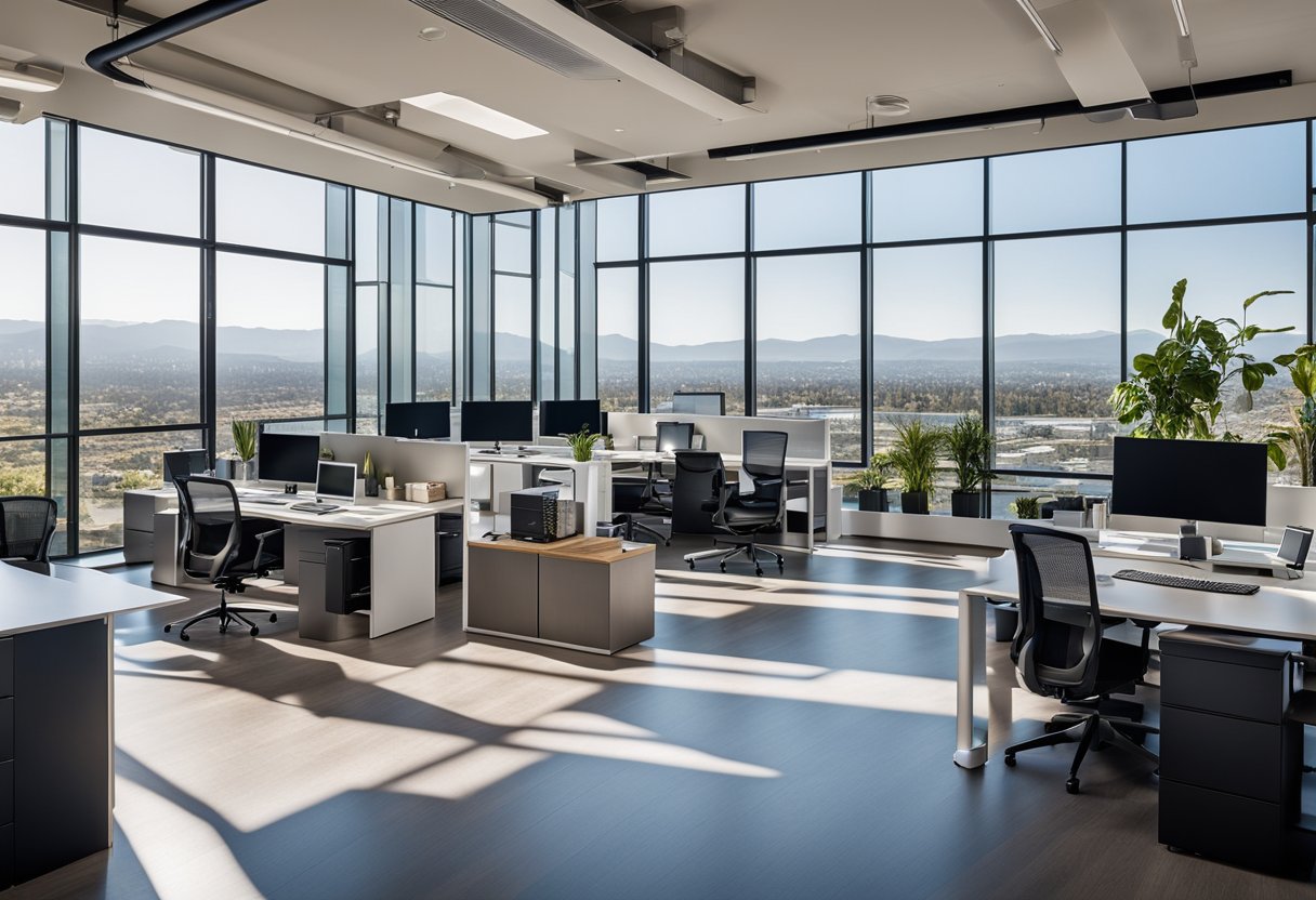 An open-concept office with sleek, modern furniture and floor-to-ceiling windows, showcasing innovative design and architectural marvels in Silicon Valley