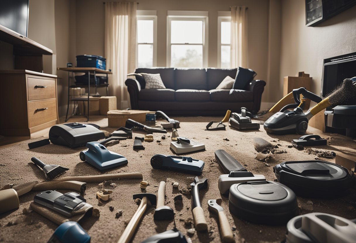 A cluttered room with dust and debris, tools scattered around. A vacuum and cleaning supplies are visible, indicating a thorough deep cleaning after renovation