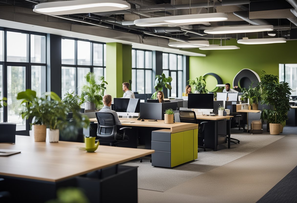 An open office with collaborative workspaces, natural light, and vibrant colors. Community areas feature comfortable seating and greenery. Employees engage in casual conversations and teamwork