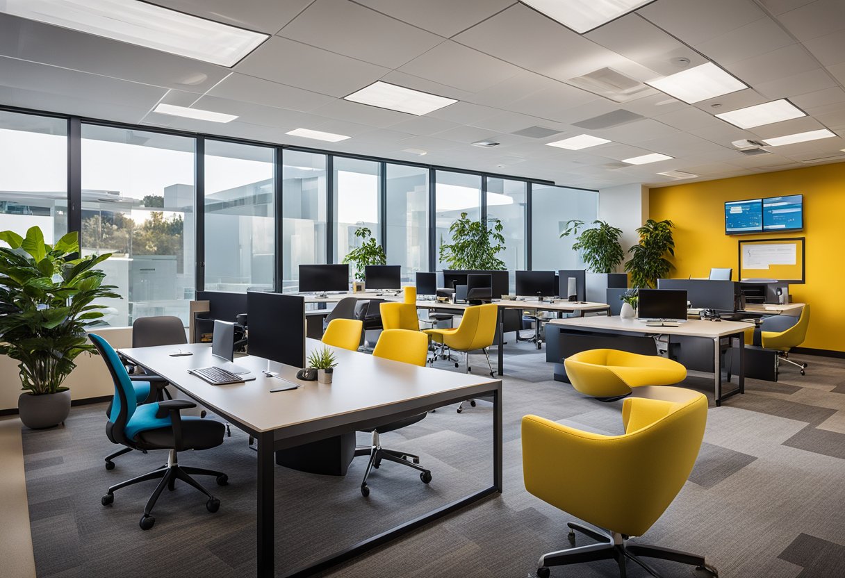 The modern Silicon Valley office features open floor plan, sleek furniture, vibrant color scheme, and collaborative workspaces