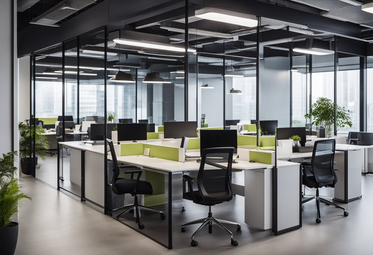 An open-plan office with modern furniture and bright, natural lighting. Cubicles are arranged in a grid, with a central meeting area and a glass-walled conference room