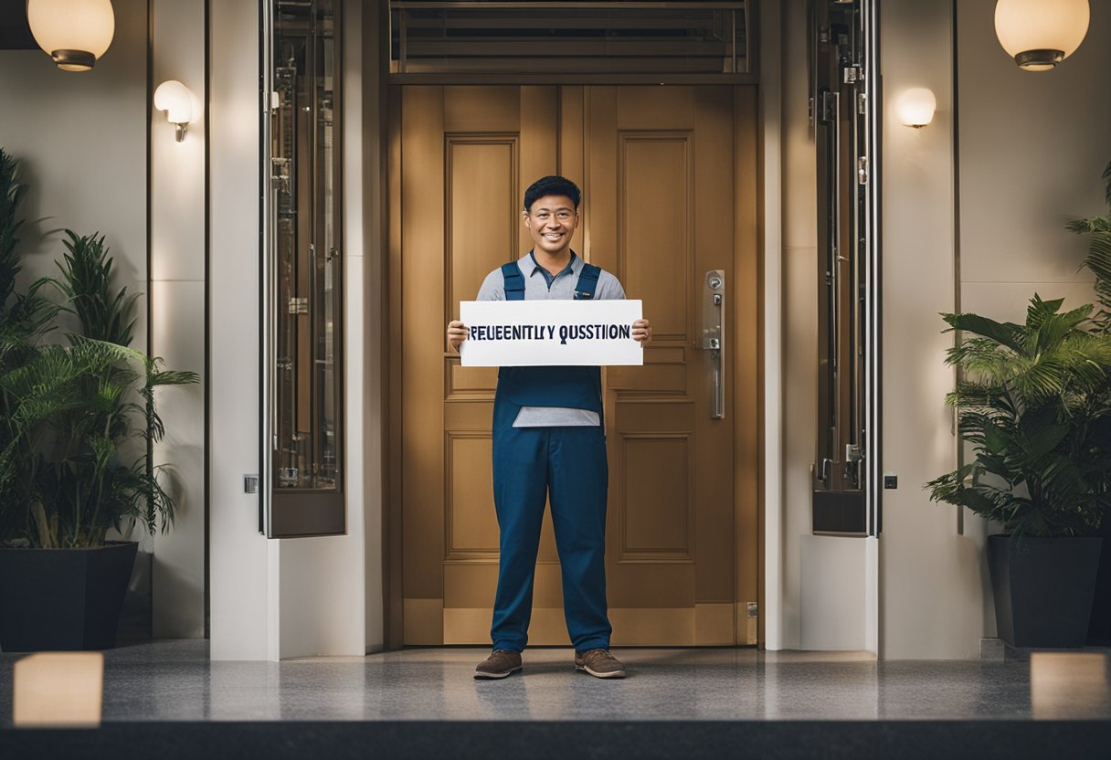 A carpenter in Singapore stands in front of a door labeled "Frequently Asked Questions" with tools in hand