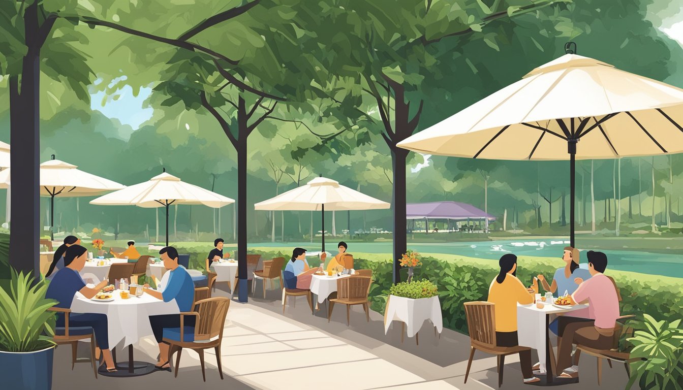 People enjoying food and drinks at outdoor tables surrounded by lush greenery and a serene atmosphere at Sembawang Country Club restaurant