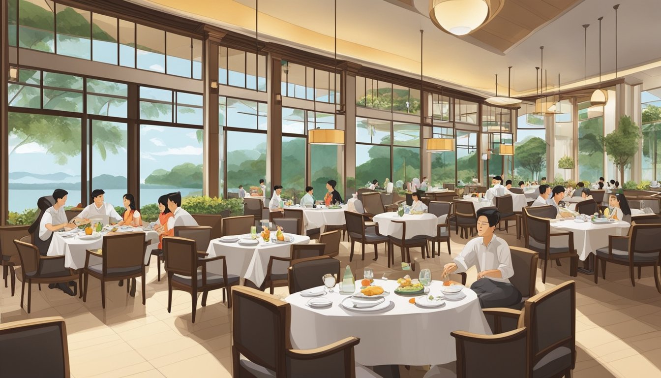 The bustling restaurant at Sembawang Country Club, filled with diners enjoying their meals and lively conversations. Tables are set with elegant tableware and the aroma of delicious food fills the air