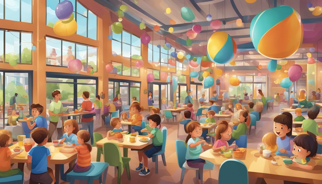 A bustling restaurant with a colorful playground, filled with happy children playing while their parents enjoy their meals