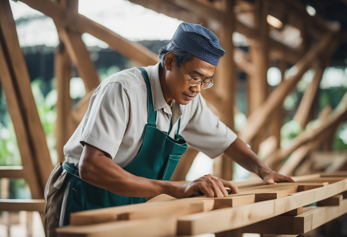 A Malaysian carpenter building a traditional wooden structure in Singapore