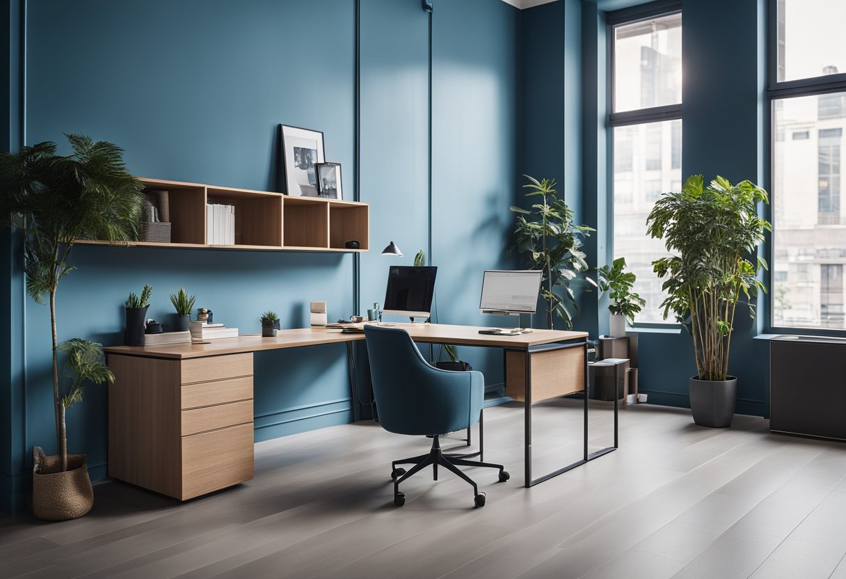 A small office with modern furniture, large windows, and a sleek desk. The walls are painted in a calming blue color, with minimalistic artwork hanging
