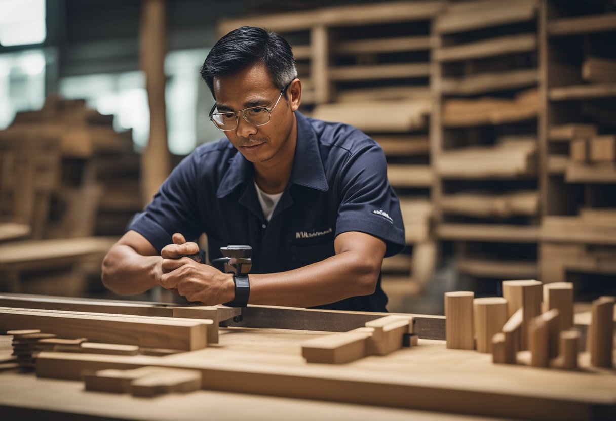 A Malaysian carpenter in Singapore carefully selects the right tools and materials for a woodworking project