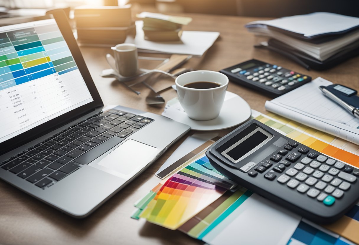 A table with a laptop, calculator, pen, and paper. Walls with paint swatches, flooring samples, and a ruler. A budget spreadsheet on the screen