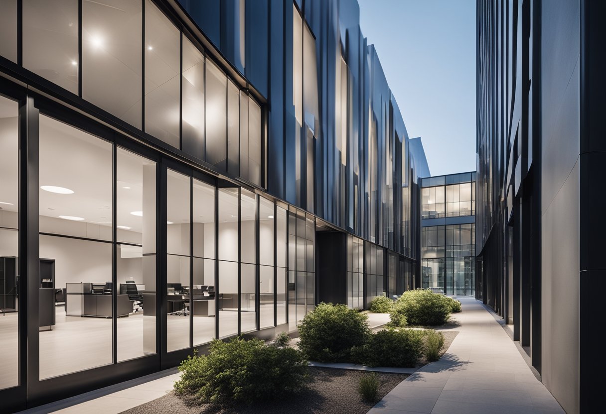 A modern small office building with sleek lines, large windows, and a minimalist color palette