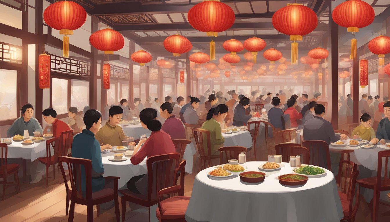A bustling Chinese restaurant with red lanterns, round tables, and steaming plates of dim sum