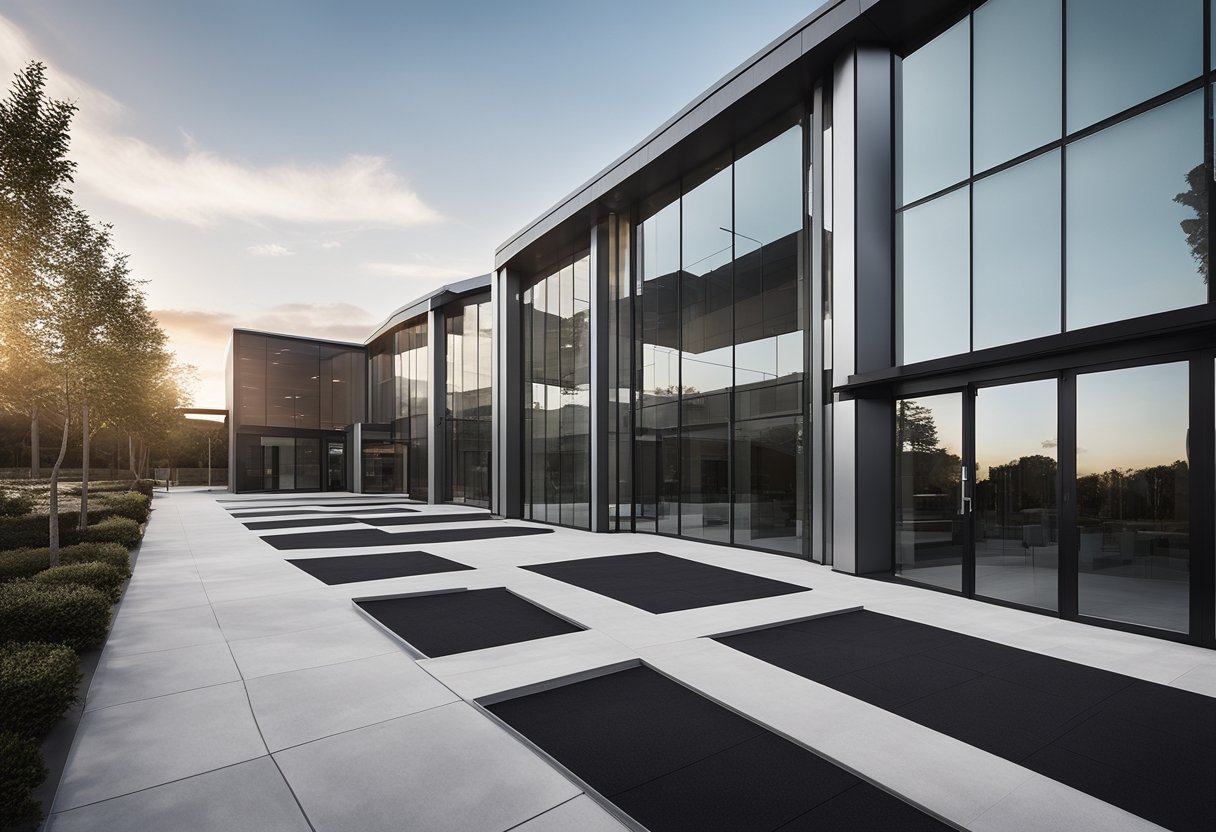 A sleek, modern small office building with large windows, clean lines, and minimalistic aesthetic. The exterior features a combination of glass, steel, and concrete, creating a visually appealing and functional design
