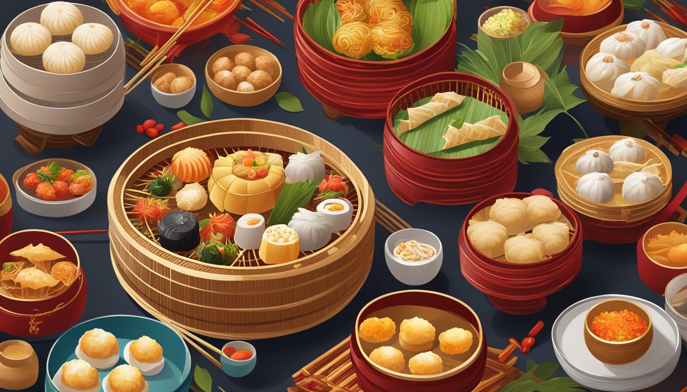 A colorful array of traditional Chinese dishes and dim sum spread out on a bamboo steamer, surrounded by vibrant red and gold decor