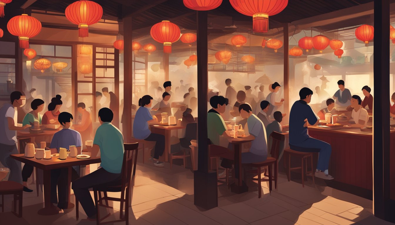 A bustling restaurant with dim lighting, red lanterns, and the aroma of sizzling woks. Patrons chat over steaming bowls of noodles while waiters rush between tables