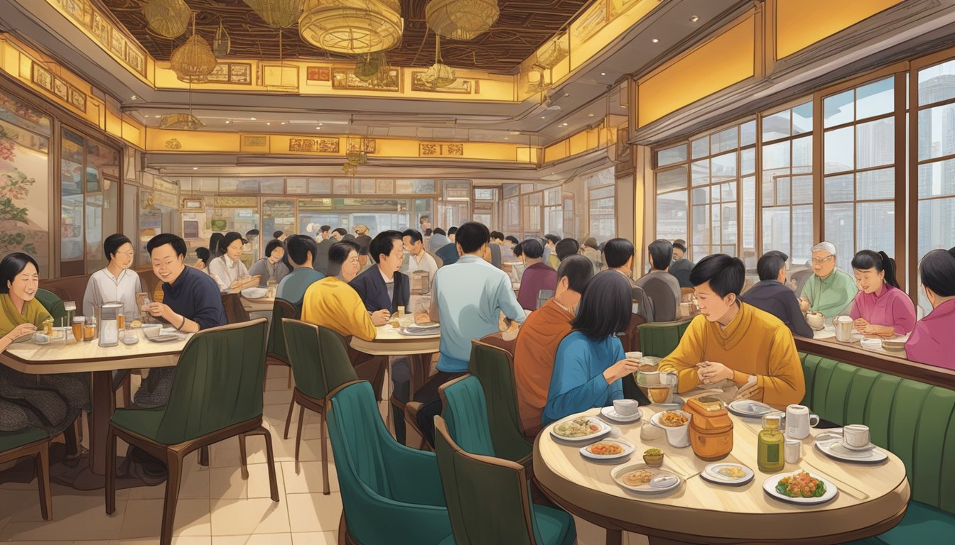 The bustling Tai Ping Koon restaurant in Tsim Sha Tsui, filled with diners enjoying traditional Cantonese cuisine