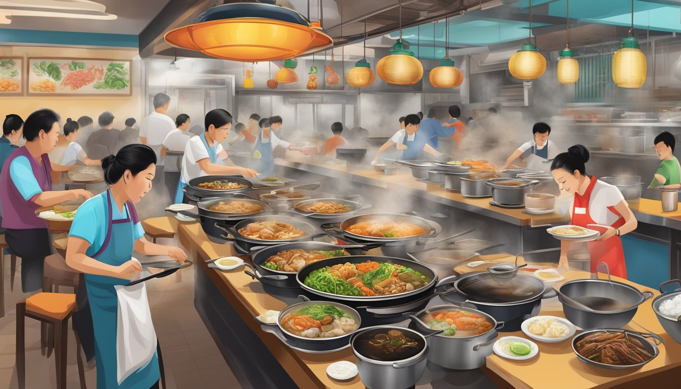 A bustling Teochew restaurant in Toa Payoh, with steaming hot pots, sizzling woks, and colorful plates of traditional dishes on every table
