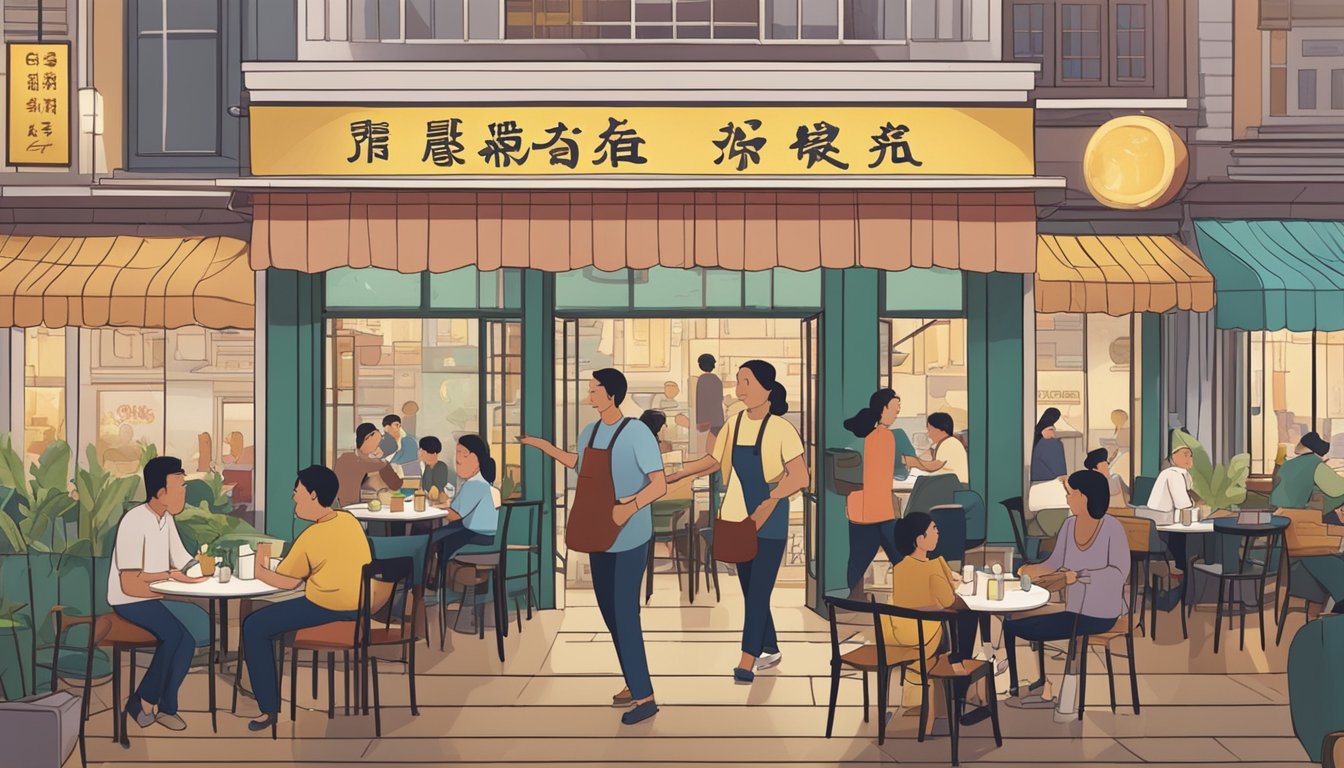 A bustling restaurant with a sign reading "Frequently Asked Questions tho yuen restaurant" above the entrance. Customers are seated at tables, while waitstaff move about serving food and drinks